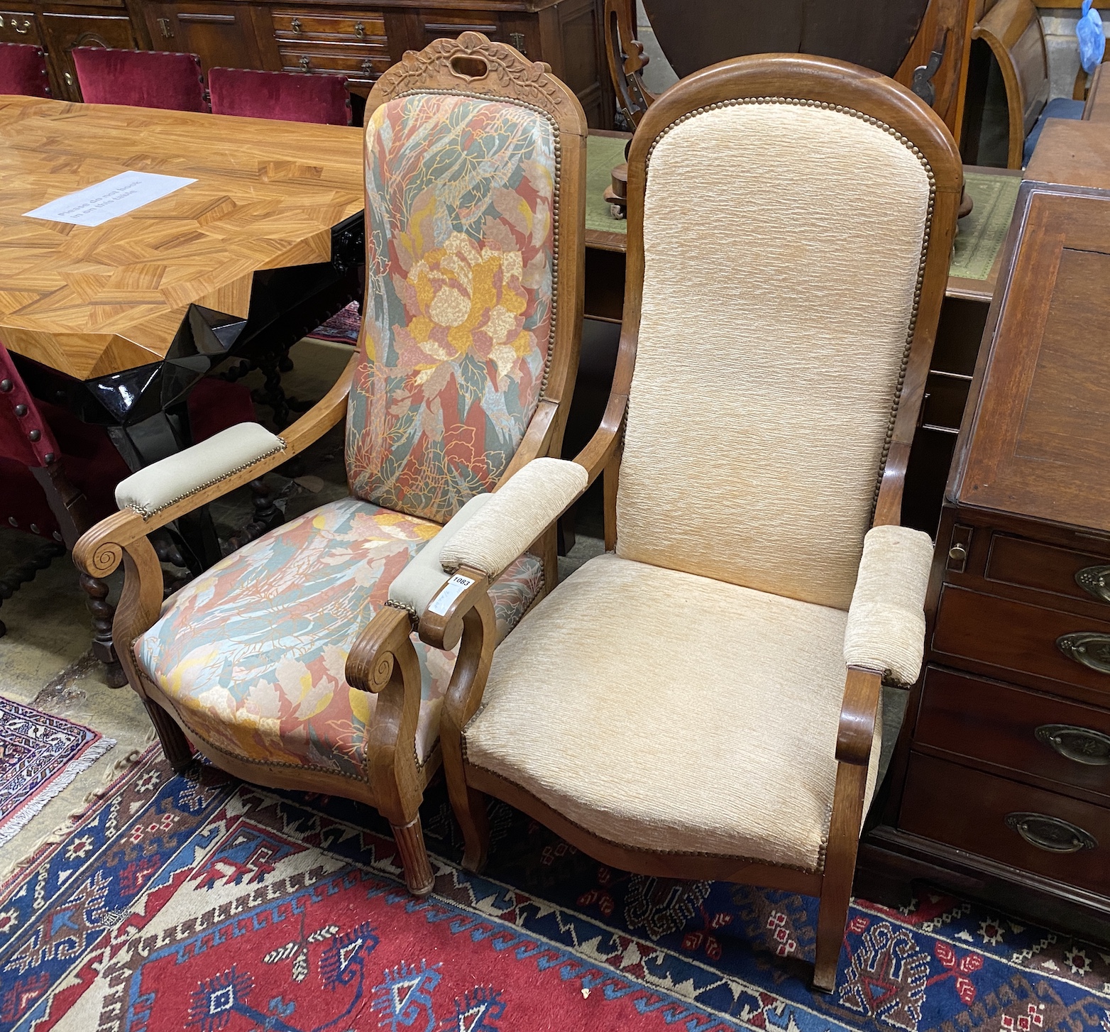 Two Continental 19th century style mahogany upholstered high back armchairs